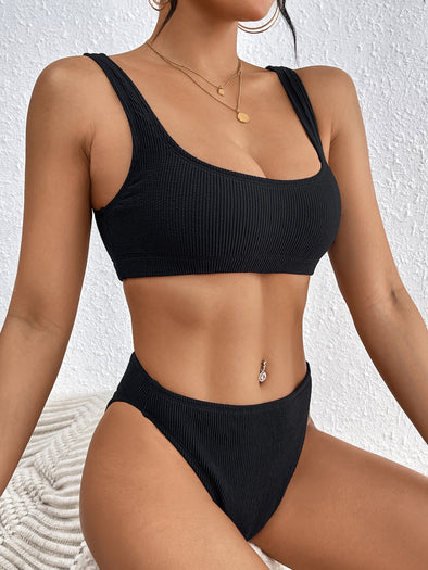 Laguna Low Scoop Crop Top High Cut Cheeky Bottom Bikini Set in Black Crinkle