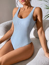 Malibu Retro 80s/90s Inspired High Cut Low Back One Piece in Light Blue Crinkle