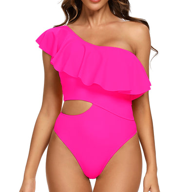 Zuma One Shoulder Ruffle Cut Out Side One Piece in Hot Pink