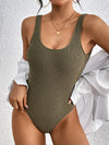 Malibu Chic Olive Green Crinkle Fabric One-Piece Swimsuit - Retro 80/90s