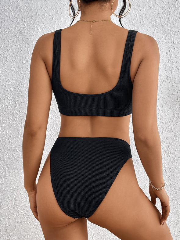 Laguna Low Scoop Crop Top High Cut Cheeky Bottom Bikini Set in Black Crinkle