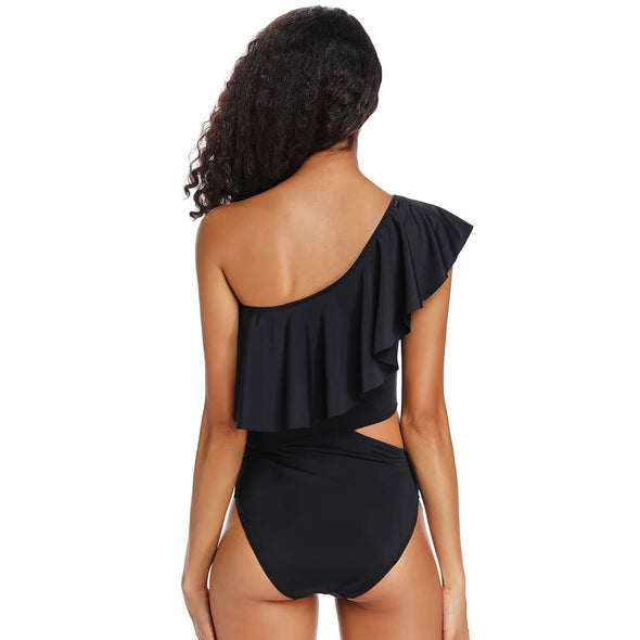 One Shoulder Ruffle Cut Out Side One Piece - Dixperfect