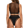 Pfeiffer Mesh Insert High Neck Crop Top Bikini Set in Black