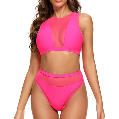 Pfeiffer Mesh Insert High Neck Crop Top Bikini Set in Hot Pink