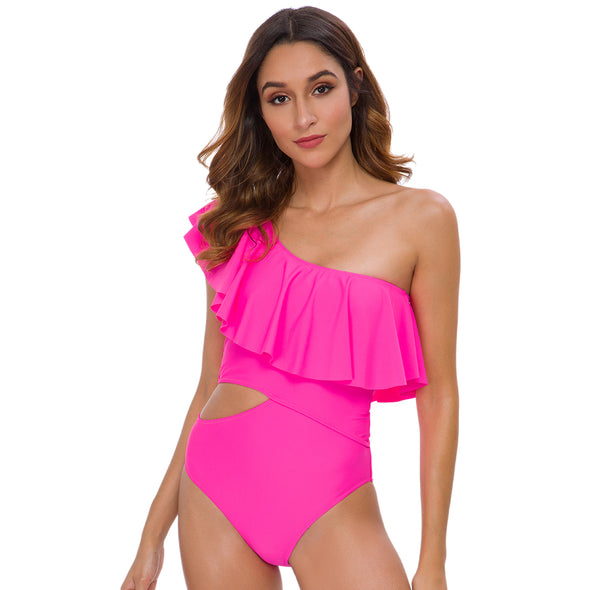 Zuma One Shoulder Ruffle Cut Out Side One Piece in Hot Pink