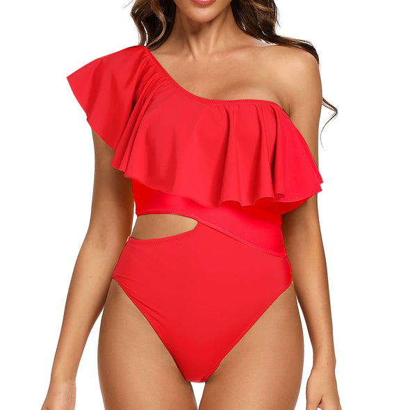 Zuma One Shoulder Ruffle Cut Out Side One Piece in Red