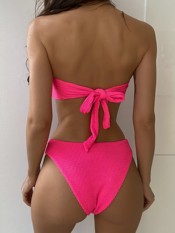 Nissi Knot Front Bandeau Bikini in Solid Rib Hot Pink